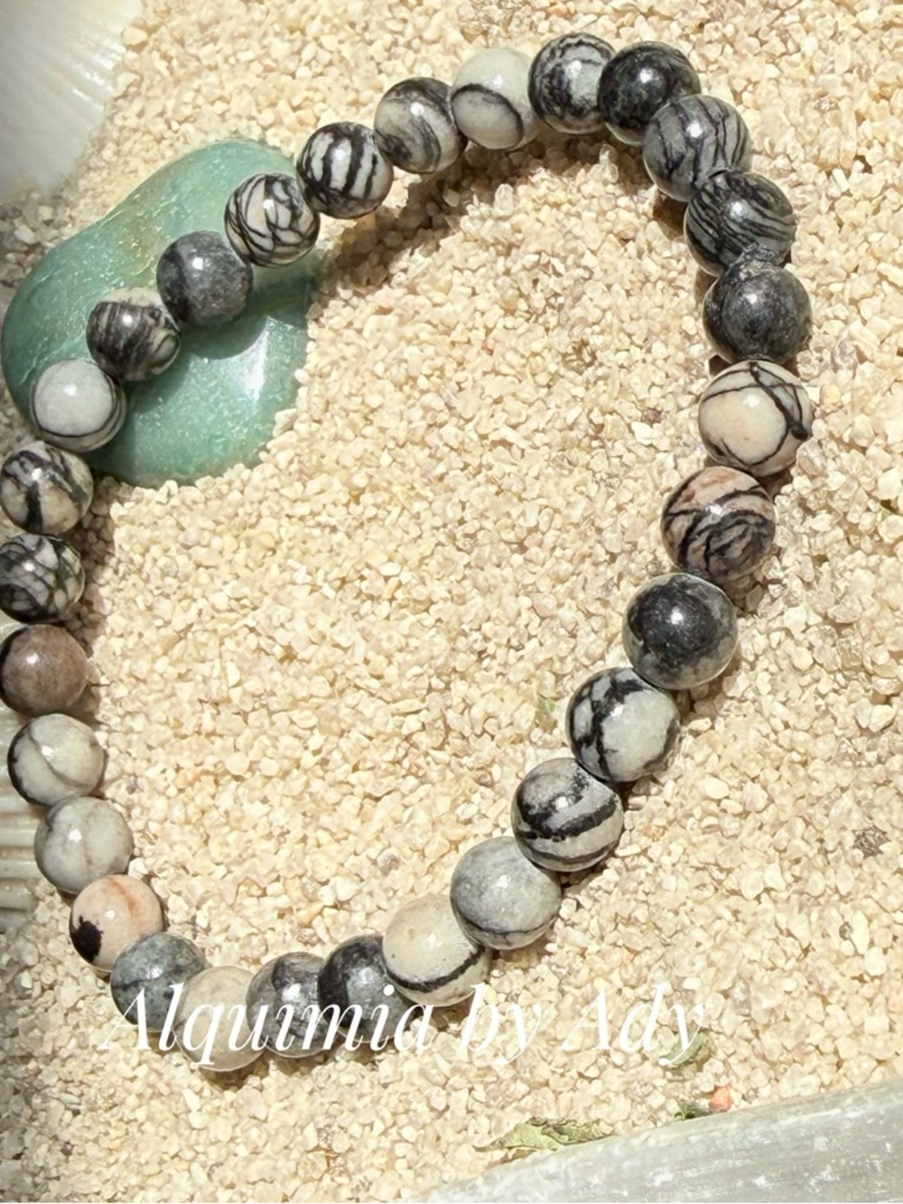 8mm  Zebra Jasper Stretch Bracelet - Black, White & Cream Accents